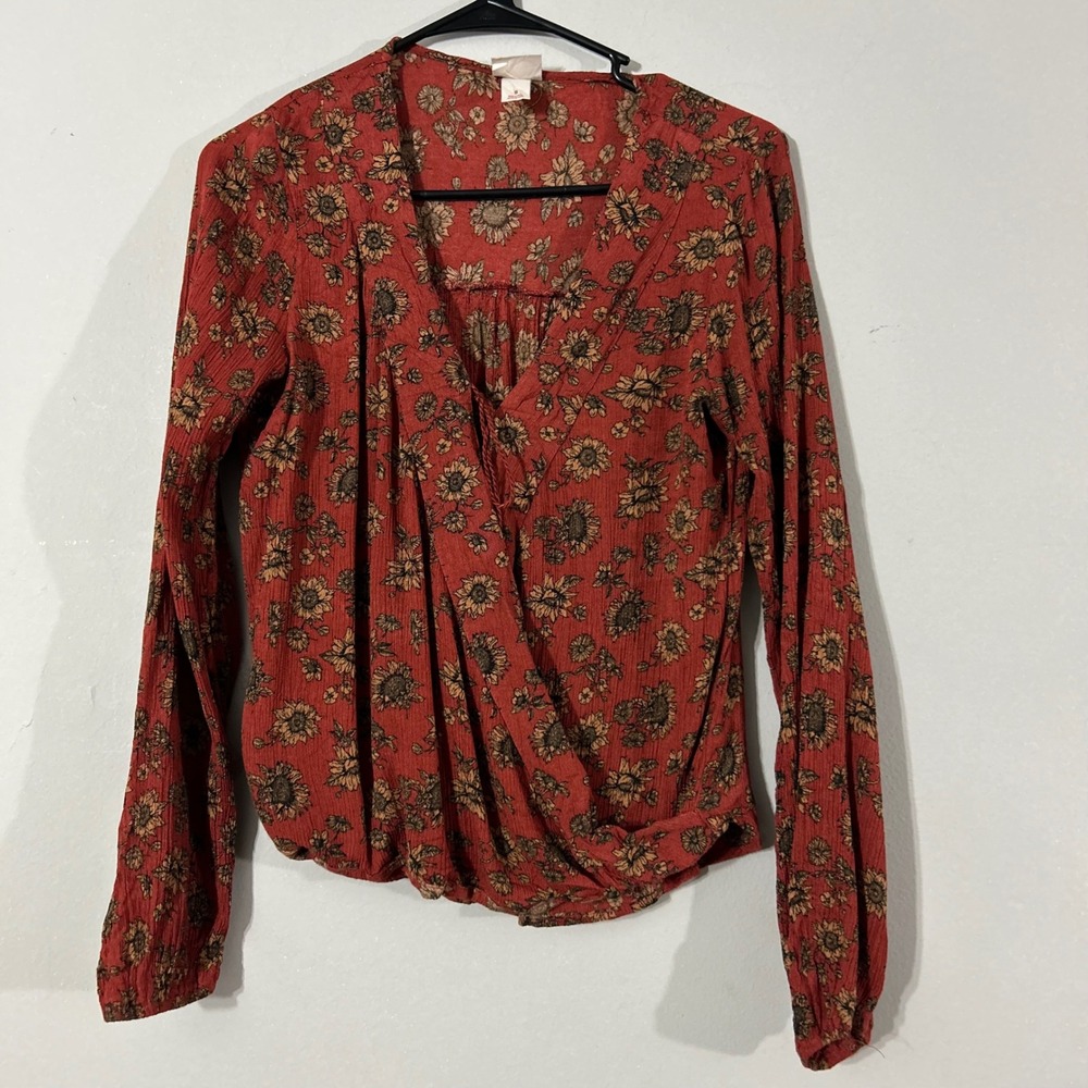 Mossimo Supply Co Floral Print Long Sleeve Wrap Top Women Size S Red‎ Brown